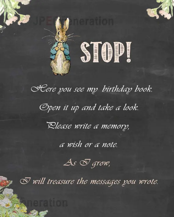 ФОТО Personal Customized Birthday message sign book, STOP here, Chalkboard Birthday Poster, Peter Rabbit Guest Book Sign backdrop