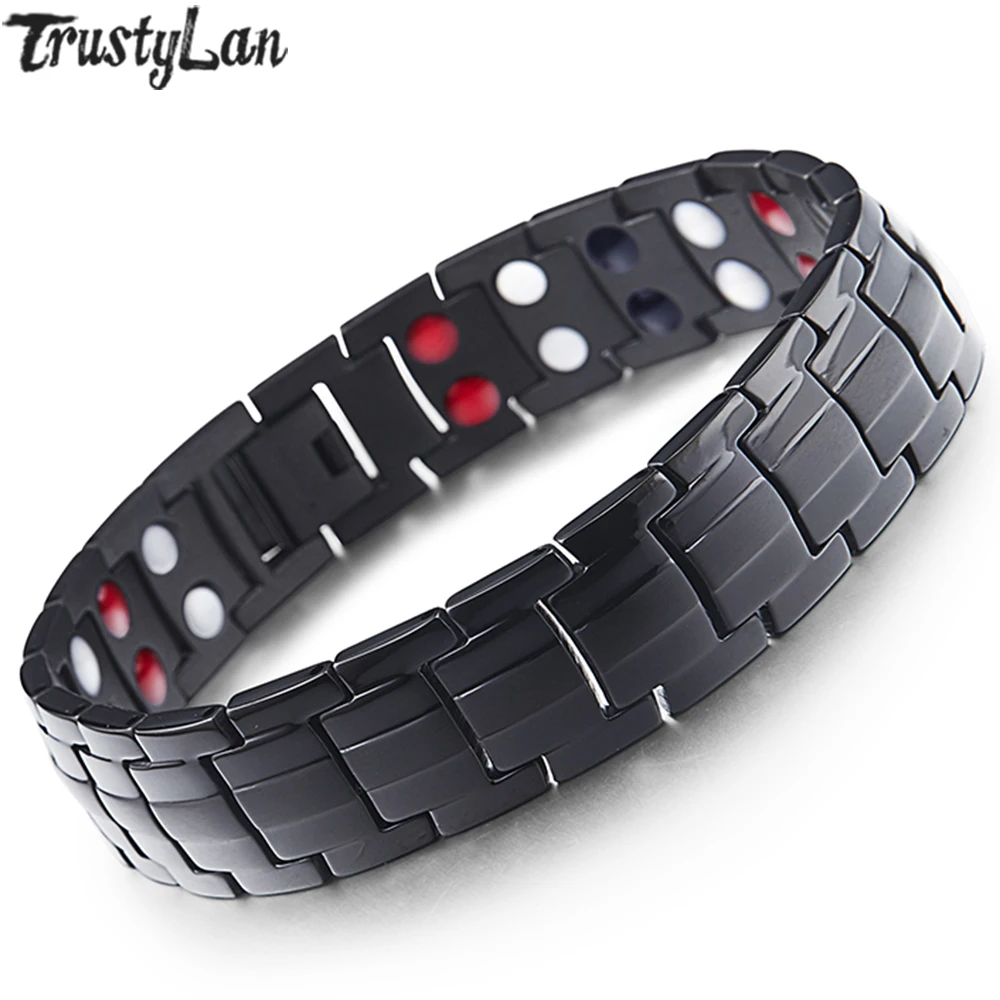 

Fashion Chain Bracelet Mens 4 Element Black Double Row Magnetic Therapy Bracelets With Magnet Negative Ions Germanium Infrared