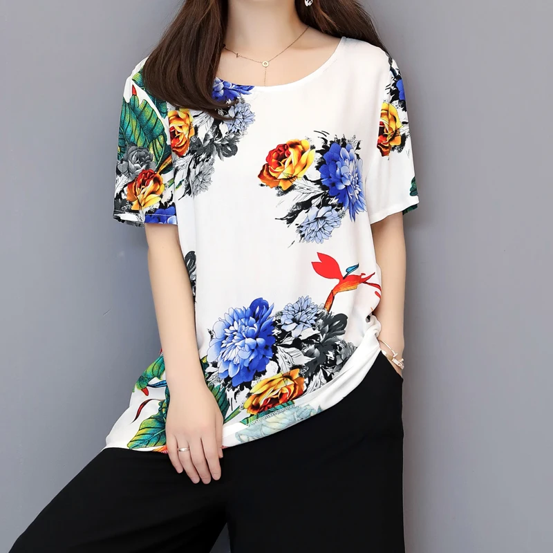 

2019 Women T Shirt Casual Floral Shirts Short Sleeve Summer Female Flower Print High Quailt Cotton Silk
