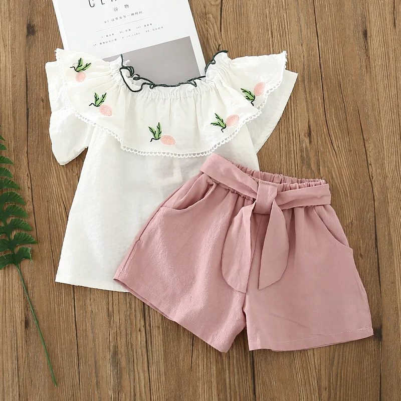 

Wholesale Summer Girls' Cotton Shorts Pineapple Embroidery Set Kids' Tunic + Shorts kids clothes girls clothes