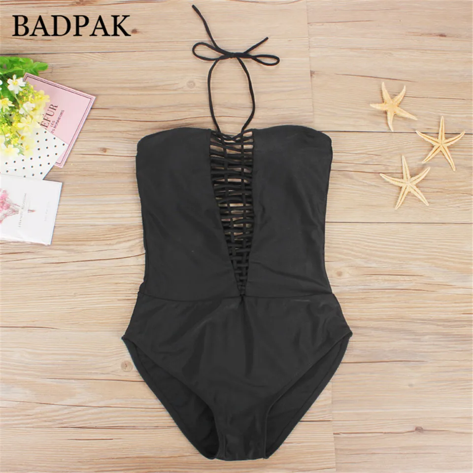 BADPAK Deep V Swimsuit Halter Monokini Hot One Piece Swimsuit Maillot De Bain Femme Une Piece