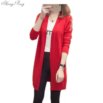 

2018 autumn cardigan women casual sweet crochet knitted blouse full sleeve tops women long lace sweaters V1158