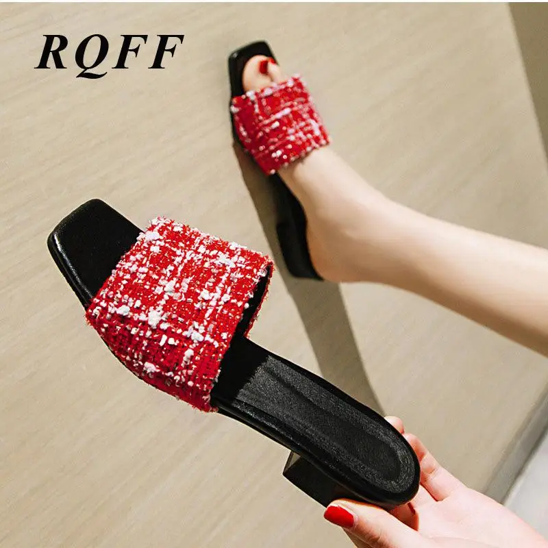 

Ladies Summer Slippers Outside Cloth Open Toe Square Low Heels Slides Plus Size 43 Mules Handmade Fashion Red Gray Women Shoes