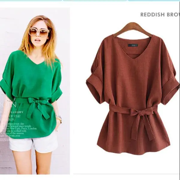 

2018 Summer Plus Size 5XL shirt women Linen short sleeve chiffon blouse green Bow Loose vintage ladies tops blusas mujer AD9