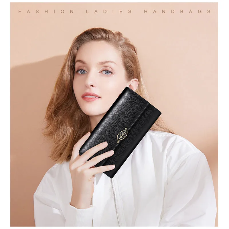 

Genuine Leather Wallet Women Leather Clutch Purse Fashion Black Lady Long Design Wallet Purse Leaf Trifold Female Coin Bag