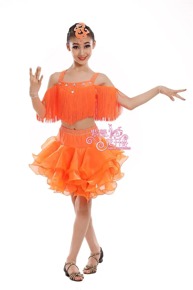 Настроить девушка Orange Костюмы для латиноамериканских танцев Танцы платье профессиональные женщина сплит кисточкой блестками румба Samba