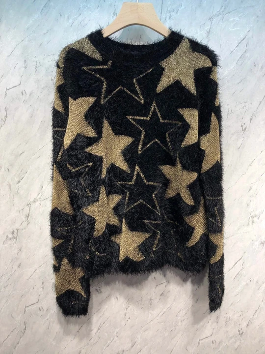

2019 Early autumn new women's round collar pentagonal star pattern matching color long sleeve 100-tie knitted sweater 713