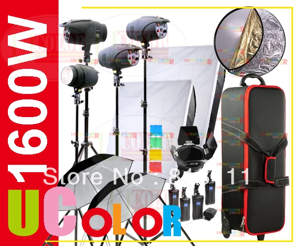 

1600W Strobe Studio Flash Lighting Kit 4  X 400W Light Rolling Carry Case 1K5