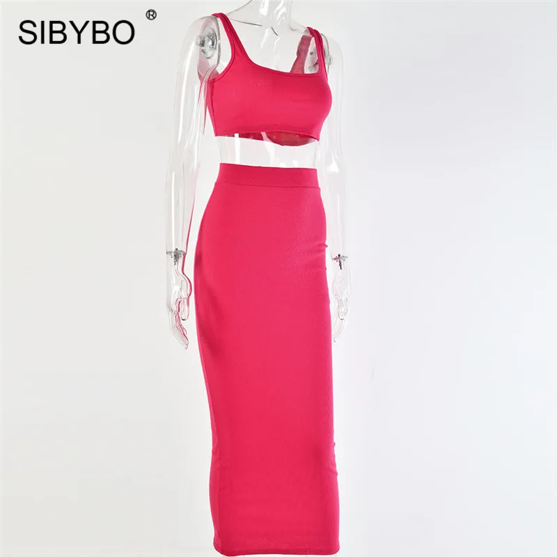 Sibybo, Ребристое летнее платье без рукавов, комплект из двух частей, платье на бретельках, высокая талия, сексуальное облегающее платье, Пляжное повседневное длинное платье для женщин