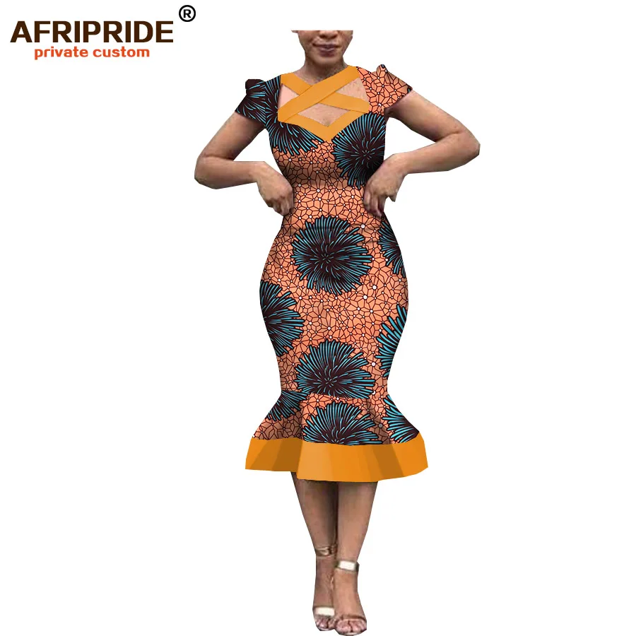 

2019 african spring&autumn dress for women AFRIPRIDE tailor made short sleeve calf length trumpet women cotton dress A1825071