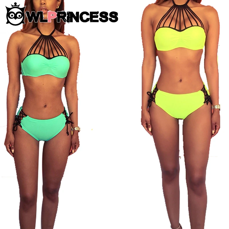 Sexy Colores Fluorescentes Bikinis Trajes de Baño Mujeres Sólido Vendaje de Malla Traje Baño Traje de Del Bikiní de Envío Gratis|set women|set sexyset bikini - AliExpress