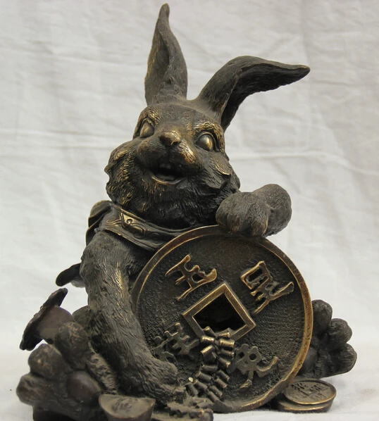 

JP S62 9 Chinese Bronze Folk Zodiac Year Rabbit money wealth Yuan Bao Statue Feng Shui Discount 35%