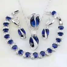 925 пробы серебряные ювелирные изделия, классические синие циркониевые белые CZ Ювелирные наборы для женщин, свадебные серьги/кулон/ожерелье/браслет/кольцо
