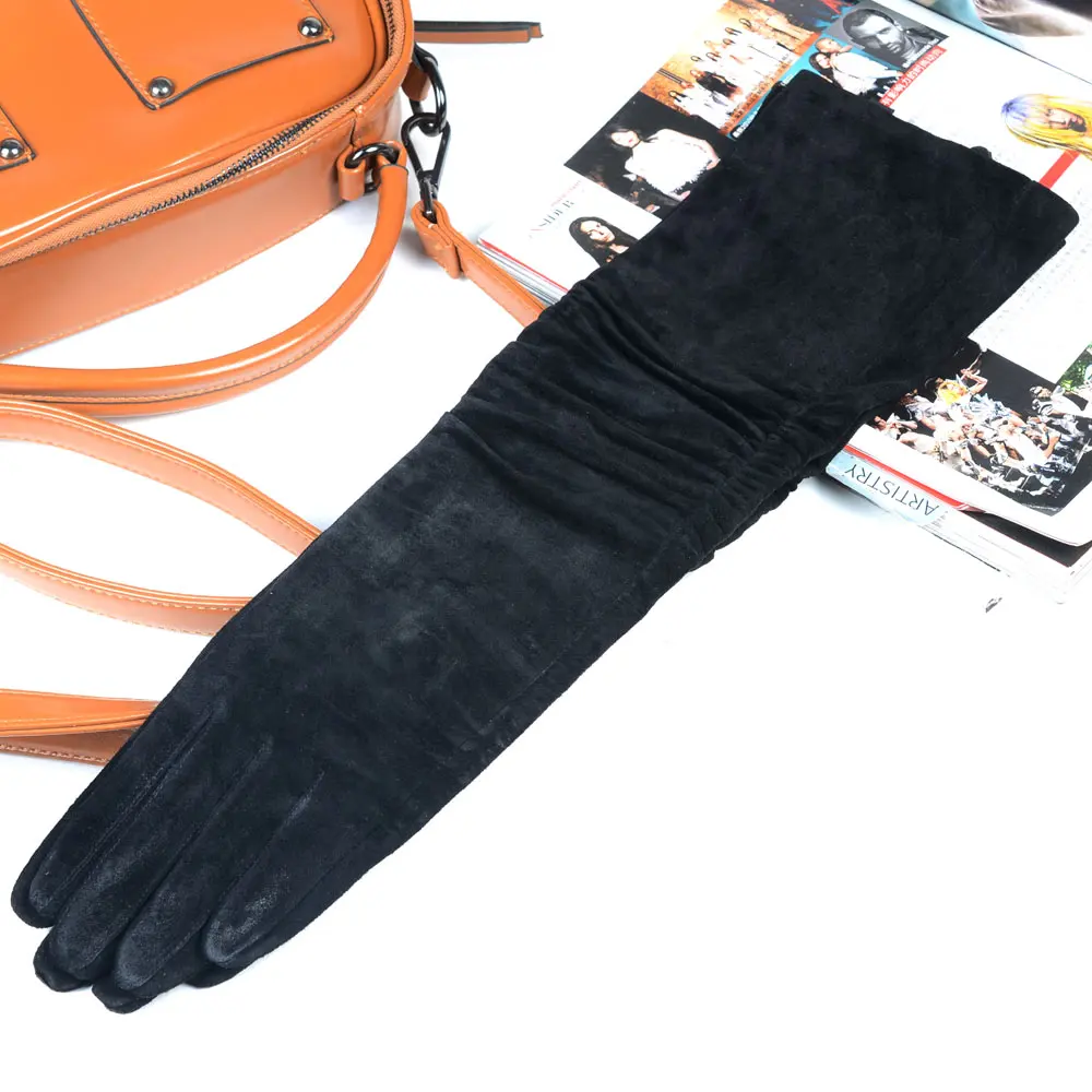 

Women's La'die's Real leather Suede Leather black wrinkle Elbow mid-long gloves party evening long gloves