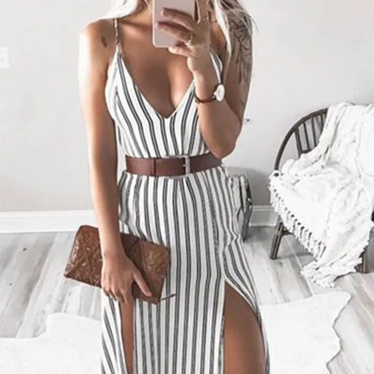 V образным вырезом Sexy Striped Open летнее платье длинные женские слинг Высокое Платье с