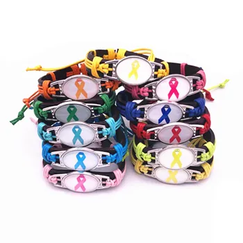 

Handmade Wax String Weave Different Cancer Awareness Ribbon Charm Genuine Leather Bracelets & Bangles For Man Woman (Free DHL )