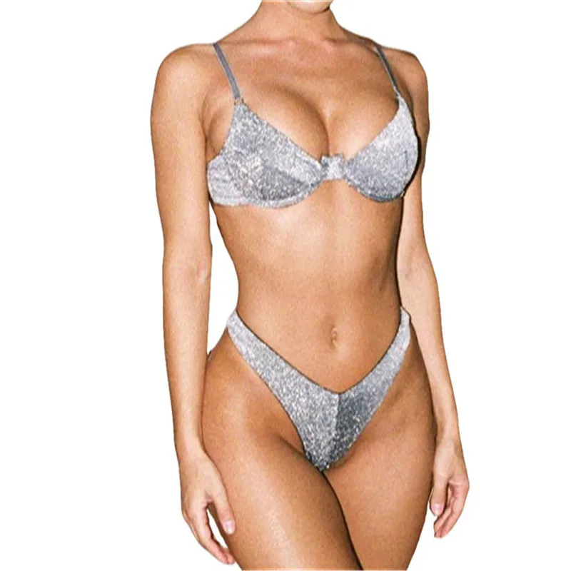 

New Summer Women Solid Bikini Sexy Swimsuit Silver Silk Gold Bikini Set Beachwear push up padded swimwear swimsuit A1