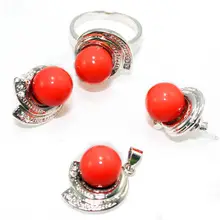 Редкие прекрасные очаровательные ювелирные изделия Розовый Красный Подвеска из перламутровой жемчужины ожерелье кольцо серьги набор позолоченная бижутерия серебряный крючок