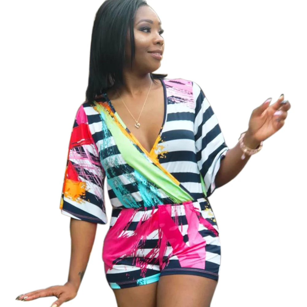 Jumpsuits for Women 2018 New Sexy Deep V Women's Casual Striped Half-Sleeved Women's Clothing Playsuit Vestidos