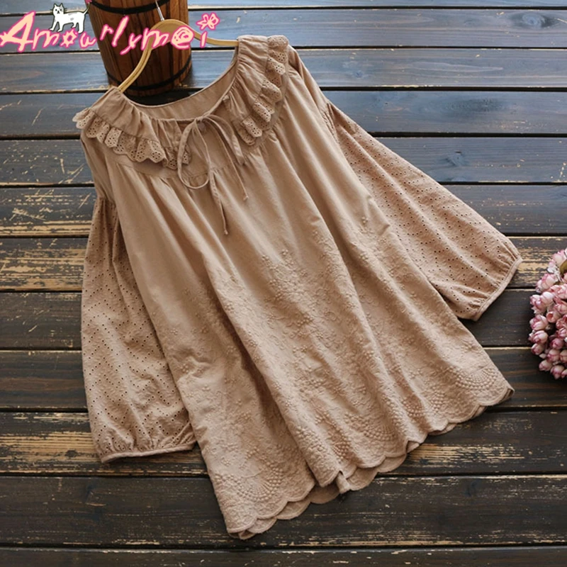 

2019 Spring Women's Mori Girl Sweet Ruffles Collar Lace-up 100%Cotton Embroidered Lace Shirt and Blouse Female Loose Casual Tops