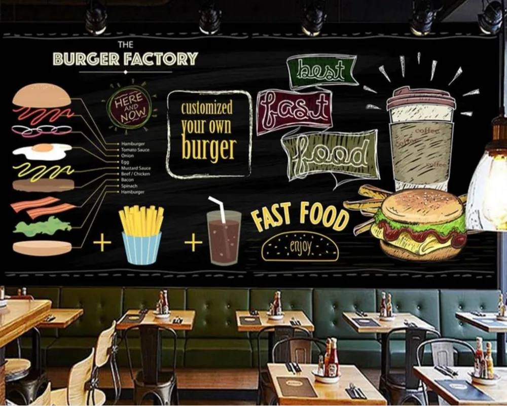 Заказ росписи обоев ручная роспись burger быстрого питания закуска для ресторана бар фоне стены-высококачественный стены тканью