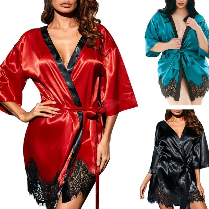 

Women Floral Eyelash Lace Trim Kimono Sleepwear Robe Solid Color Plus Size S-4XL