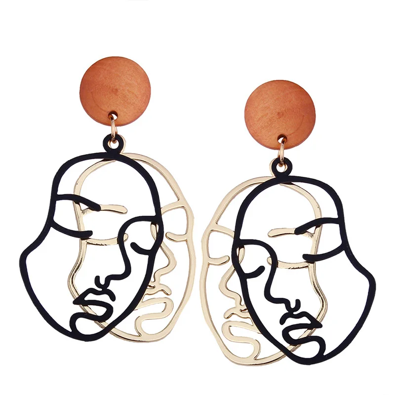 

RE picasso face abstract art asymmetric metal hollow double human face earrings for women figure dangle earring jewelry J15