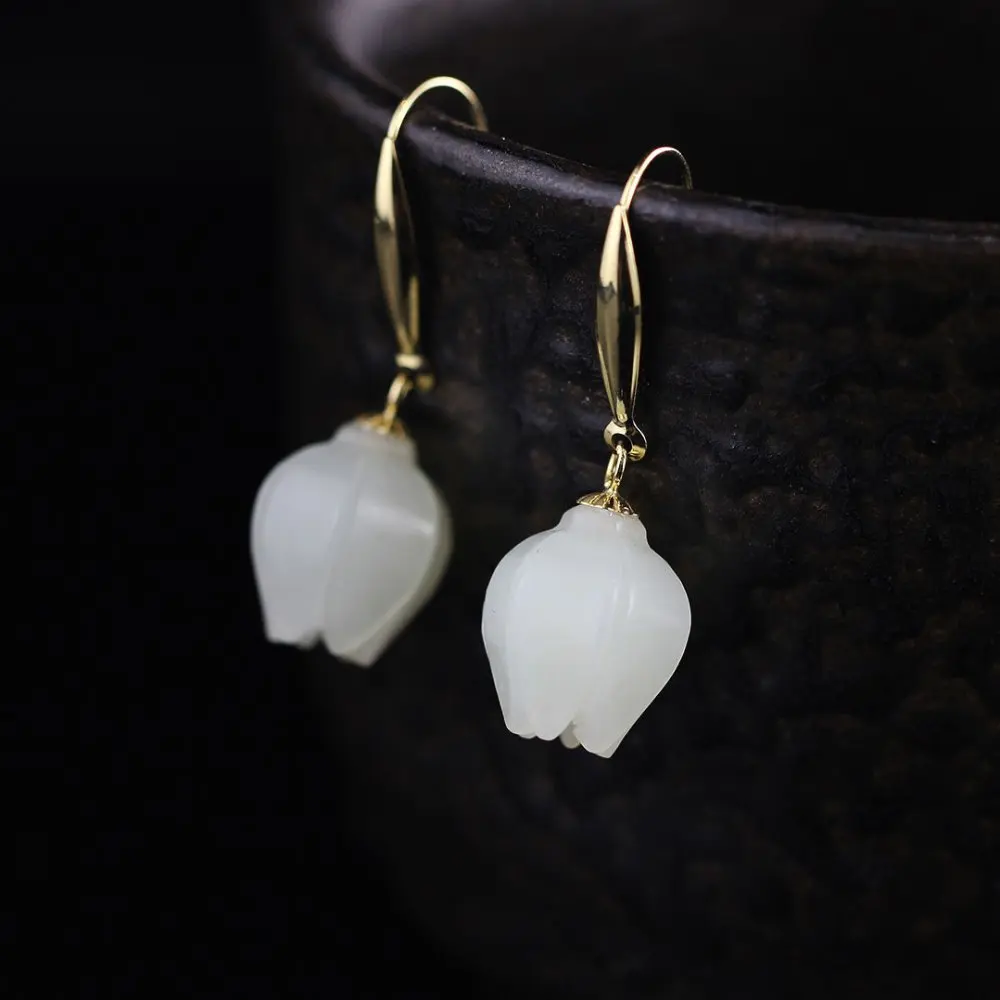 

Gold Natural Hetian Stone Tolips Floral Drop Earrings