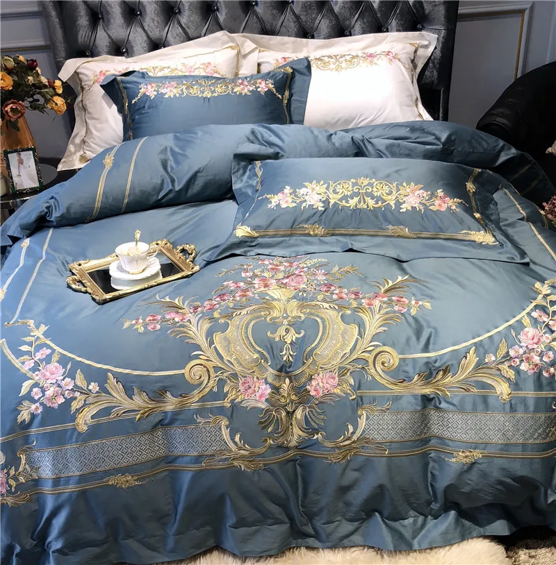 Clearance Champagne Blue White Luxury Royal Embroidery 100S Egyptian Cotton Palace Bedding Set Duvet Cover Bed sheet/Linen Pillowcases 45