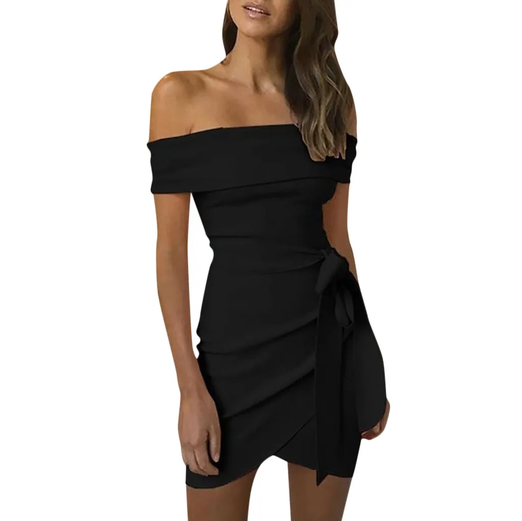 Летнее женское платье, сексуальное однотонное платье без рукавов с вырезом лодочкой, Повседневное платье с открытыми плечами и поясом с рюшами, вечернее платье для вечеринки vestidos - Цвет: Черный