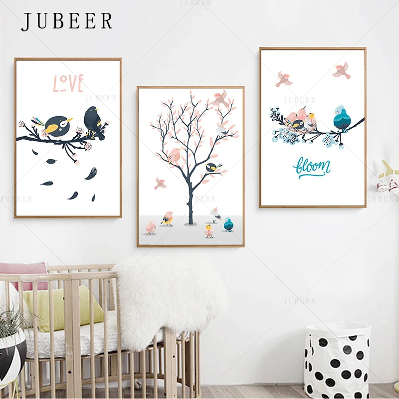 

Cute Cartoon Bird Wall Art Canvas Posters Nursery Nordic Style Painting Animal Tree Wall Picture Baby Children Room Decoration