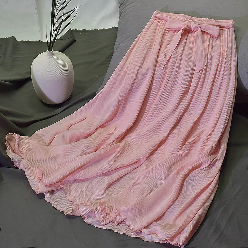 Для женщин высокая Талия Длинные юбки для Винтаж Летний галстук-бабочка поясом хлопок белье женщина Boho миди юбка Faldas Jupe Femme Spodnica - Цвет: Розовый