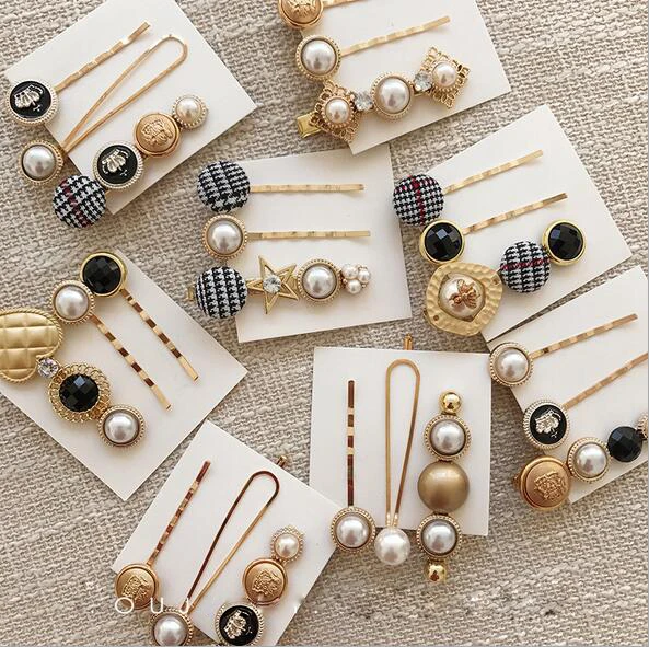 

3PCS 1SET Japan Fashion Hair Accessories Houndstooth Button Imitiation Pearl Hair Clips Metal Heart Star Crystal Hairpin Barrett