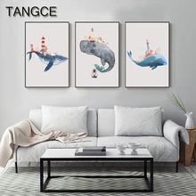 

Nordic Cartoon Blue Whale Canvas Painting Big Size Poster Print Decor Modern Wall Art Painting for Living Room Aisle Tableaux
