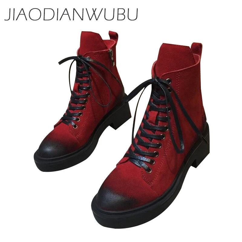 Femme Noir gris Avec Désert Chaussures top Haute Cuir De Mode Jiaodianwubu Bottes 2018 Moto rouge Femmes Martin Casual Épais aT7O8
