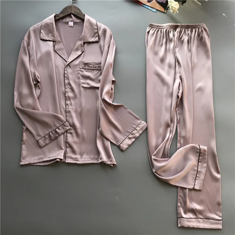 

L-XXXL Women Turn-down Collar Couples Soft Silk Pajamas Womens Large Size Long Sleeves Simple Homewear 2 Pieces