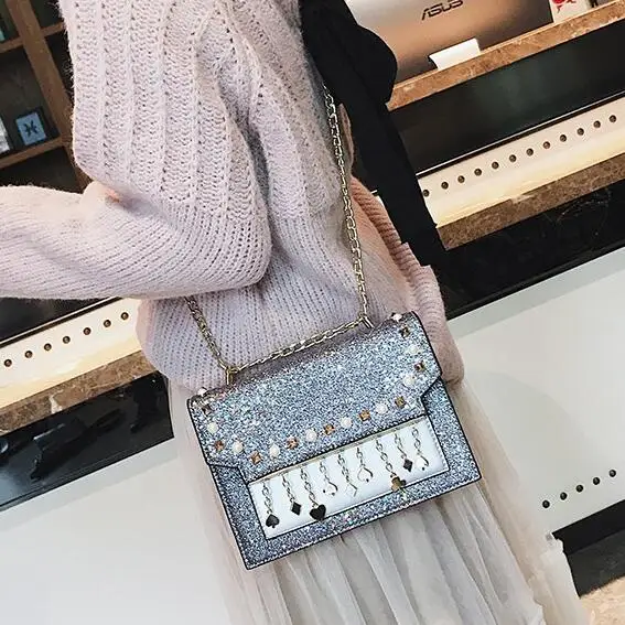 2018 PU Leather Women's Designer Handbag Fashion New Sequined Shoulder bags Fringed Rivets Messenger bag High-quality Chain bag 2018 PU Leather Women's Designer Handbag Fashion New Sequined Shoulder bags Fringed Rivets Messenger bag High-quality Chain bag