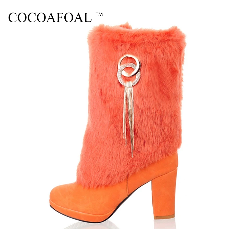 

COCOAFOAL Woman Metal Decoration Ankle Boots Fashion Winter Black Plush Crystal Martin Boots Sexy Pink Orange High Heeled Shoes