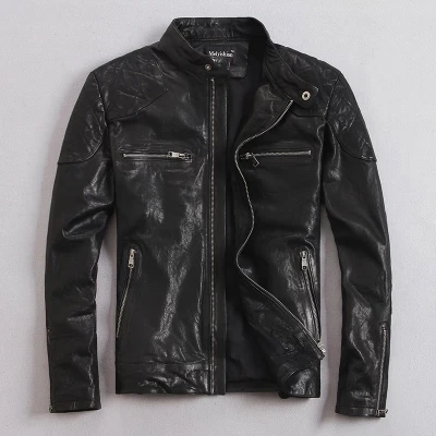 YOLANFAIRY, натуральная козья кожа, кожаная мужская куртка, весна-осень, короткая, тонкая, мотоциклетная куртка-бомбер, куртки casacas de cuero MF032 - Цвет: Black goatskin 1