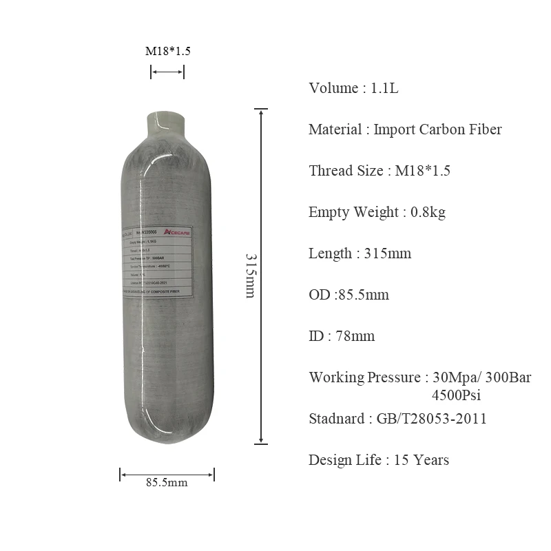 4500Psi Paintball 0.5L Carbon Fiber Air Tank Cylinder M18x1.5 Thread 300Bar CE