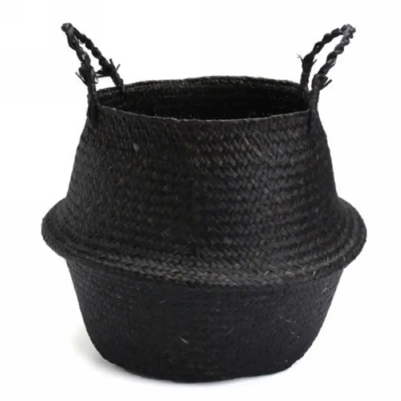 Mayitr Seagrass Belly Basket Storage Bag Holder Plant Pot Home Decoration Black