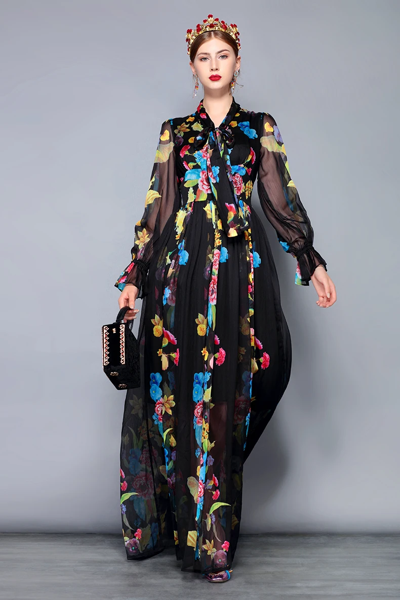 LD LINDA DELLA Runway Maxi Dress Plus size Women's Long Sleeve Bow Collar Vintage Floral Print Chiffon Party Holiday Long Dress