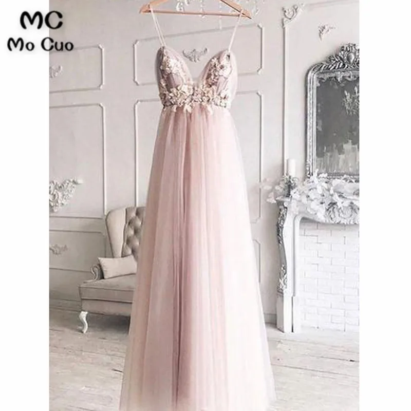 Light Pink V Neck Applique Long Prom Dress, Evening Dress65