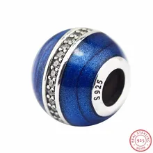 Темно-синие эмалевые бусины с орбитальной линией из прозрачного CZ DIY Fit PANDORA Подвески Серебро 925 для женщин Изготовление ювелирных изделий FL639