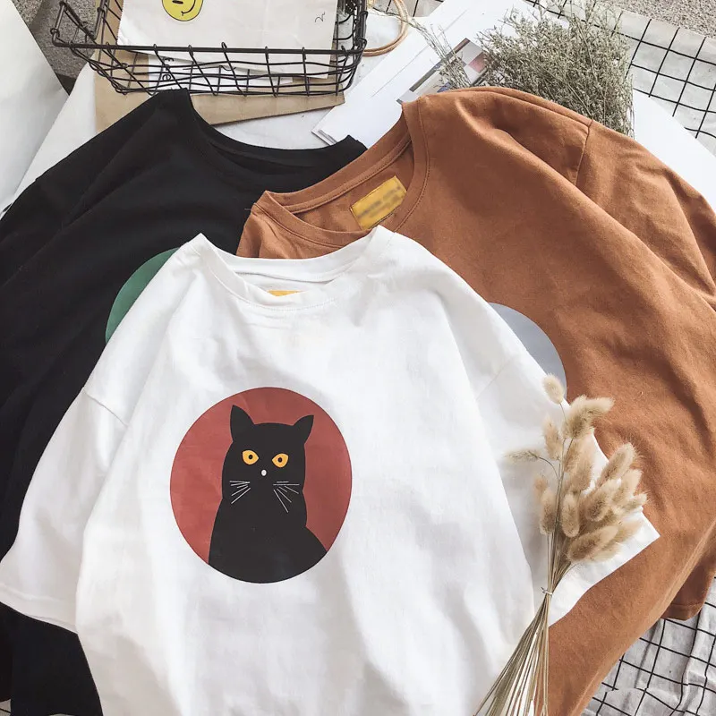 Женская хлопковая Футболка Harajuku с коротким рукавом футболка круглым вырезом и
