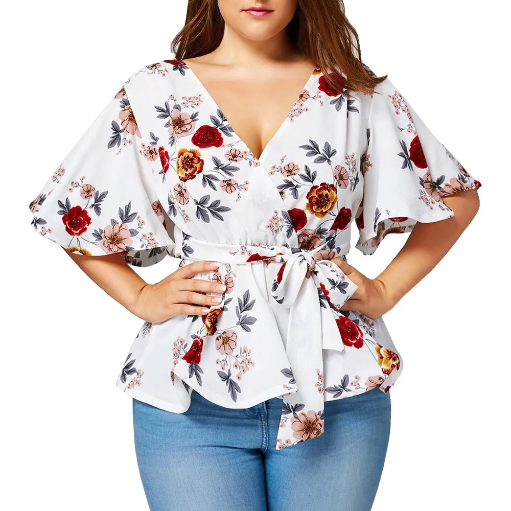

2018 Ladies Cloth Flare Half Sleeve Women Floral Print Plus Size 5XL Belted Surplice Peplum Blouse V-Neck camisetas mujer#F