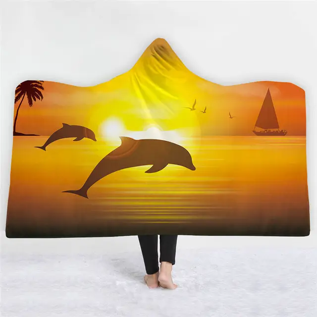 WHQ Undersea World Hooded Wearable Blanket Dolphin Thick Blanket Winter