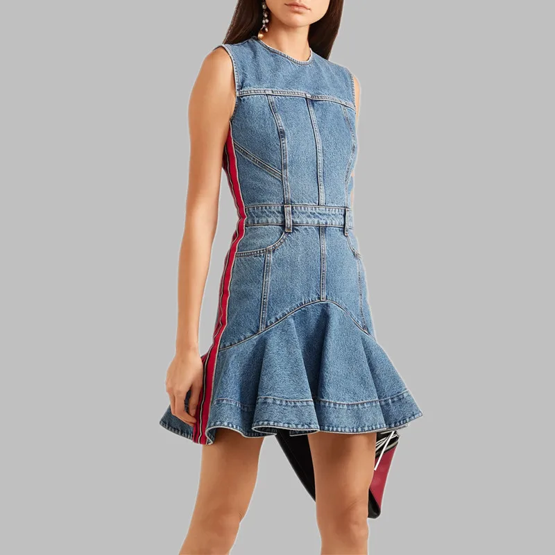 

HAMALIEL 2019 Runway Summer Women Denim Fishtail Dress Casual Sleeveless Hit Color Ruffles Bodycon Cowboy Party Dress With Belt