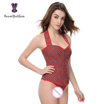 

High quality metal busk clips Halterneck red plaid corset intimate slimming body shaperwear women overbust corset & bustier 841#