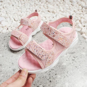 

MHYONS New Girls Sandals 2019 Summer New Girl Slip Sequins Open Toe Beach Shoes Big Boy Student Casual Sandals